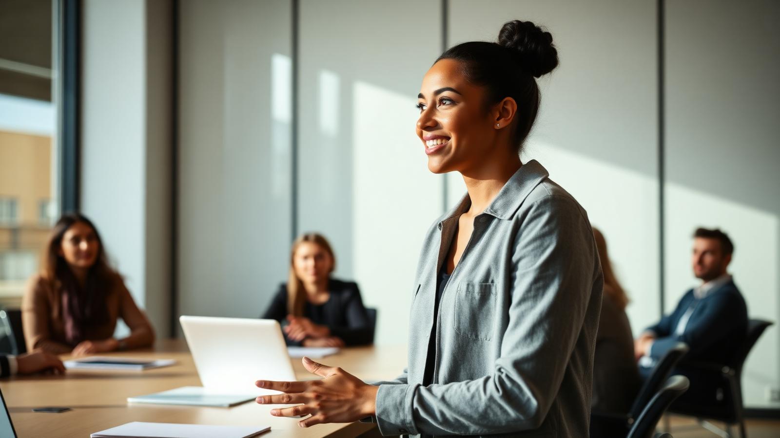 Confident professional speaking during a meeting with colleagues in the background