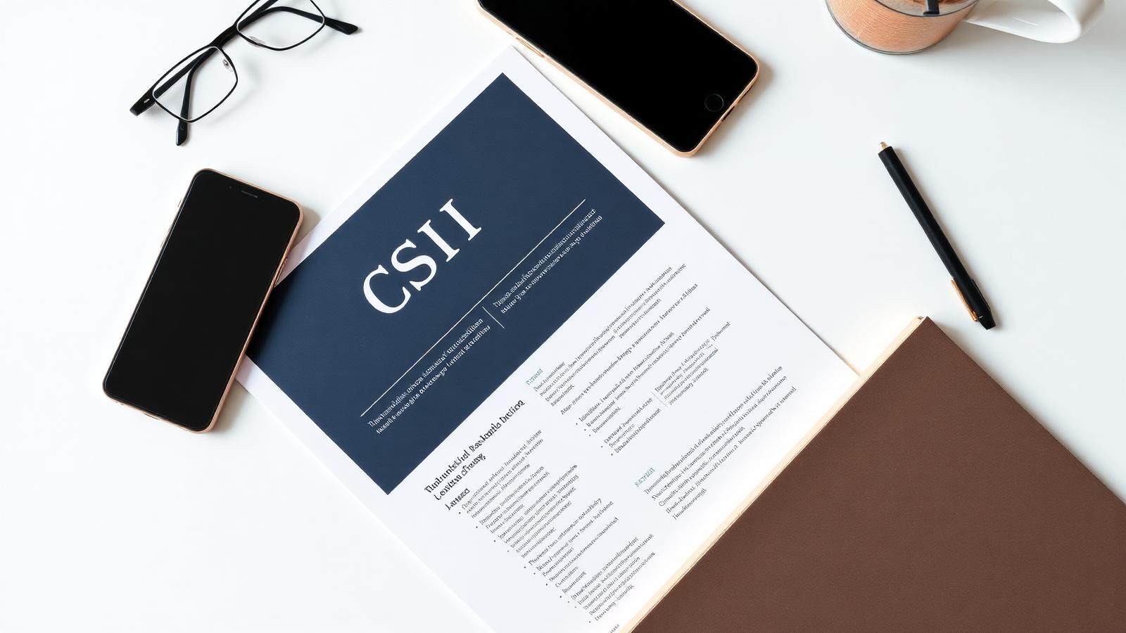Modern printed CV on a clean white desk next to a pen and smartphone