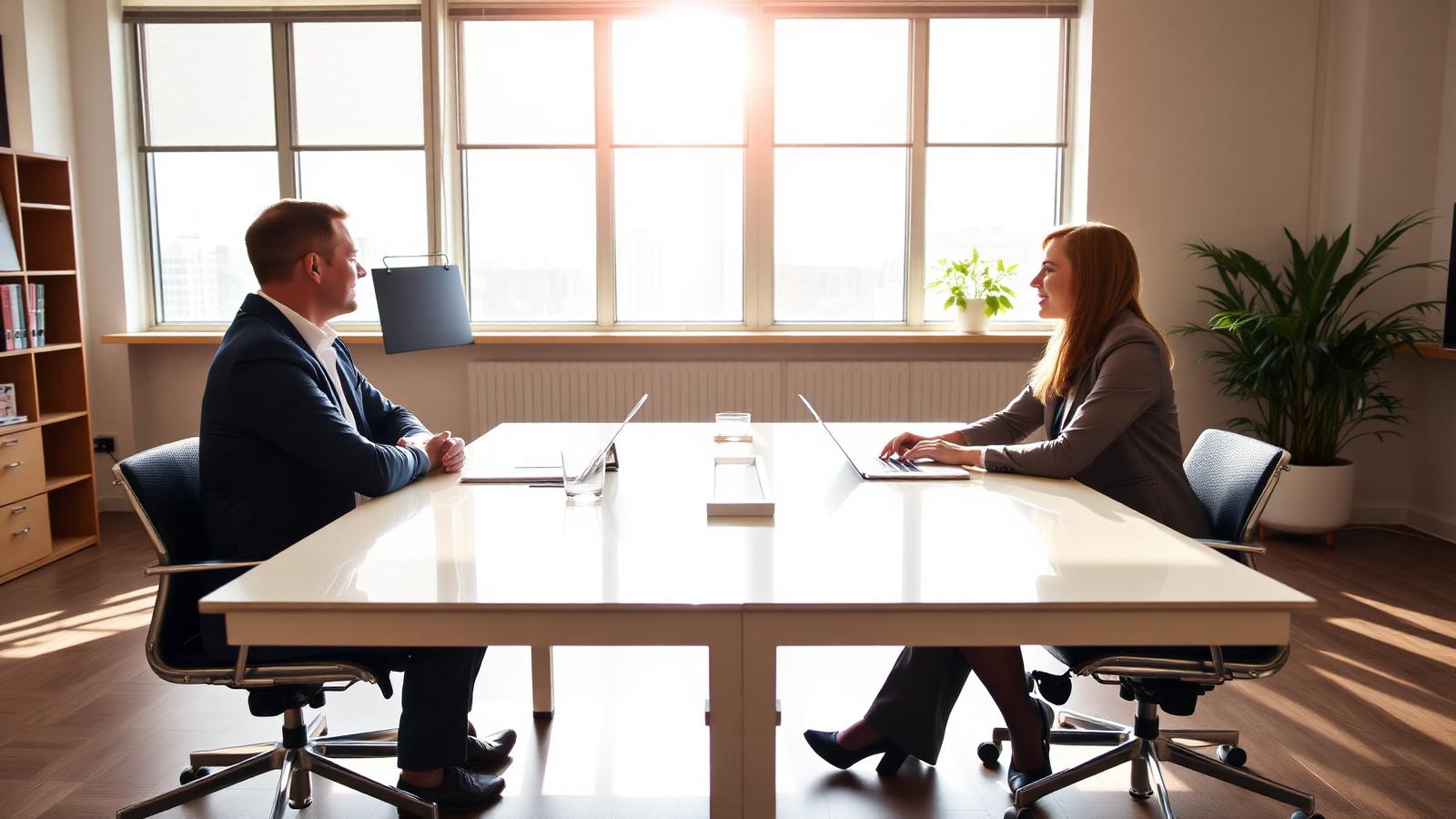 Two professionals having a friendly job interview across a clean modern table