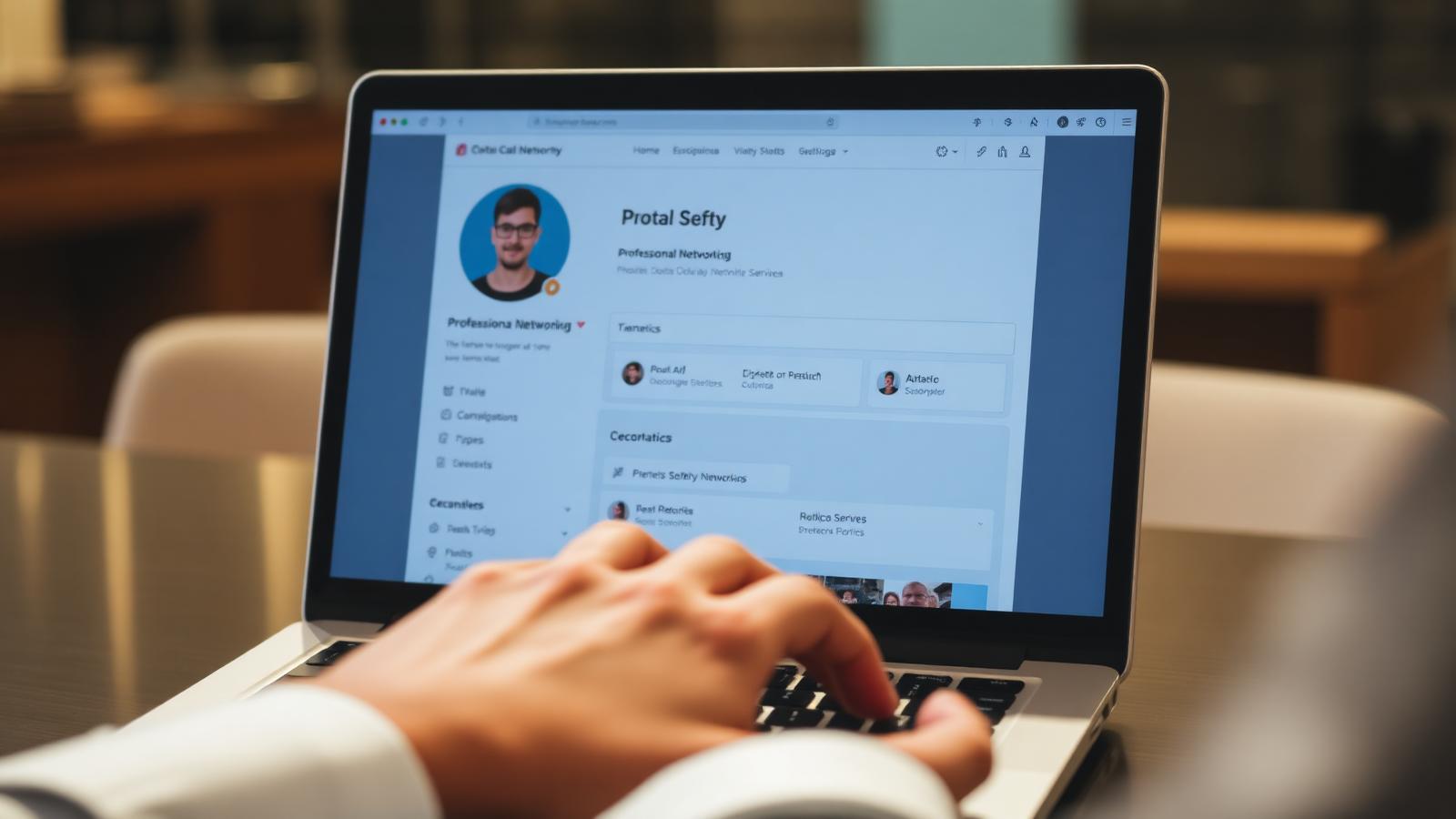 Hands typing on a laptop showing a professional networking profile