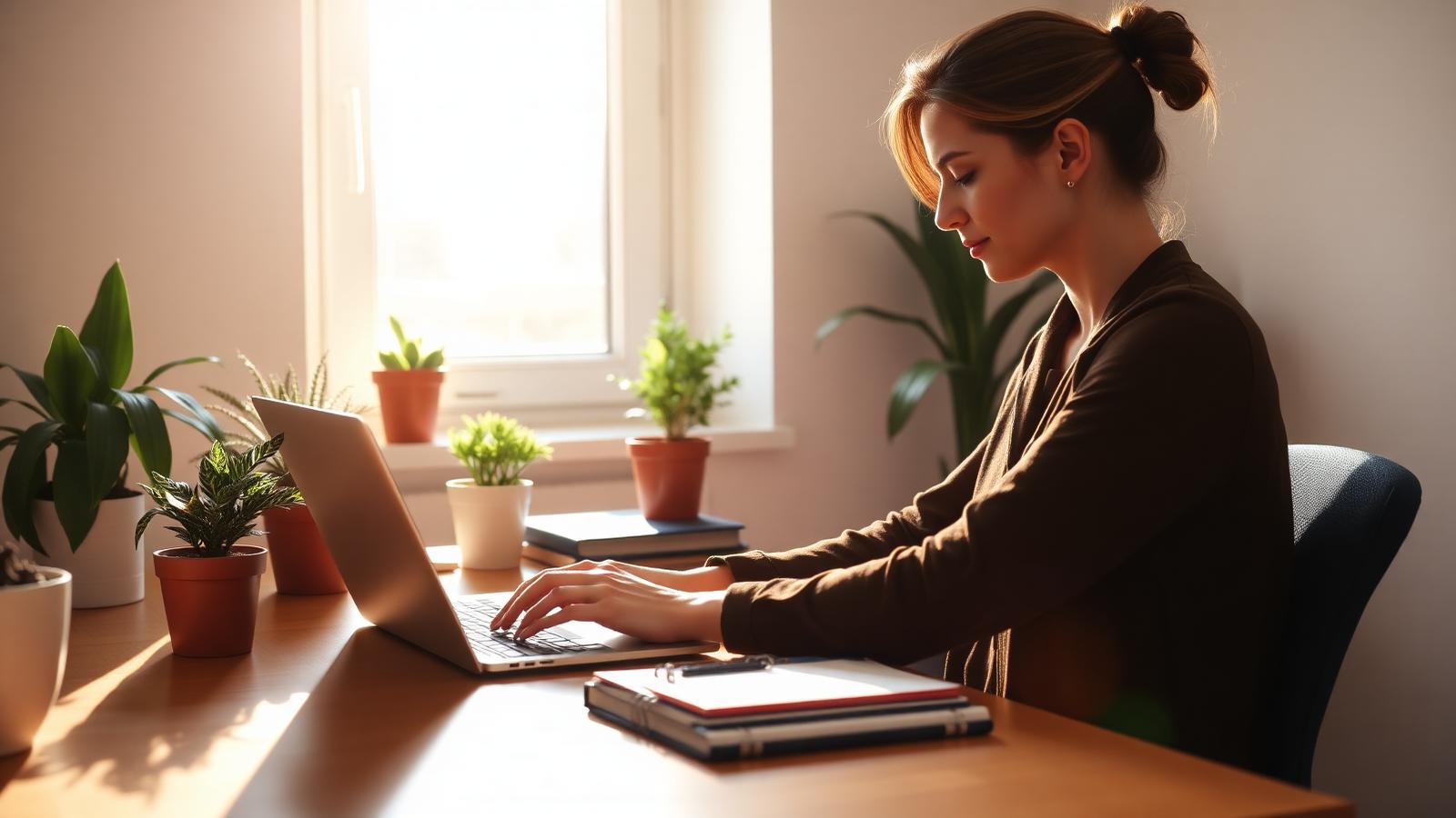 Person working calmly at a sunlit home-office desk with plants and a laptop