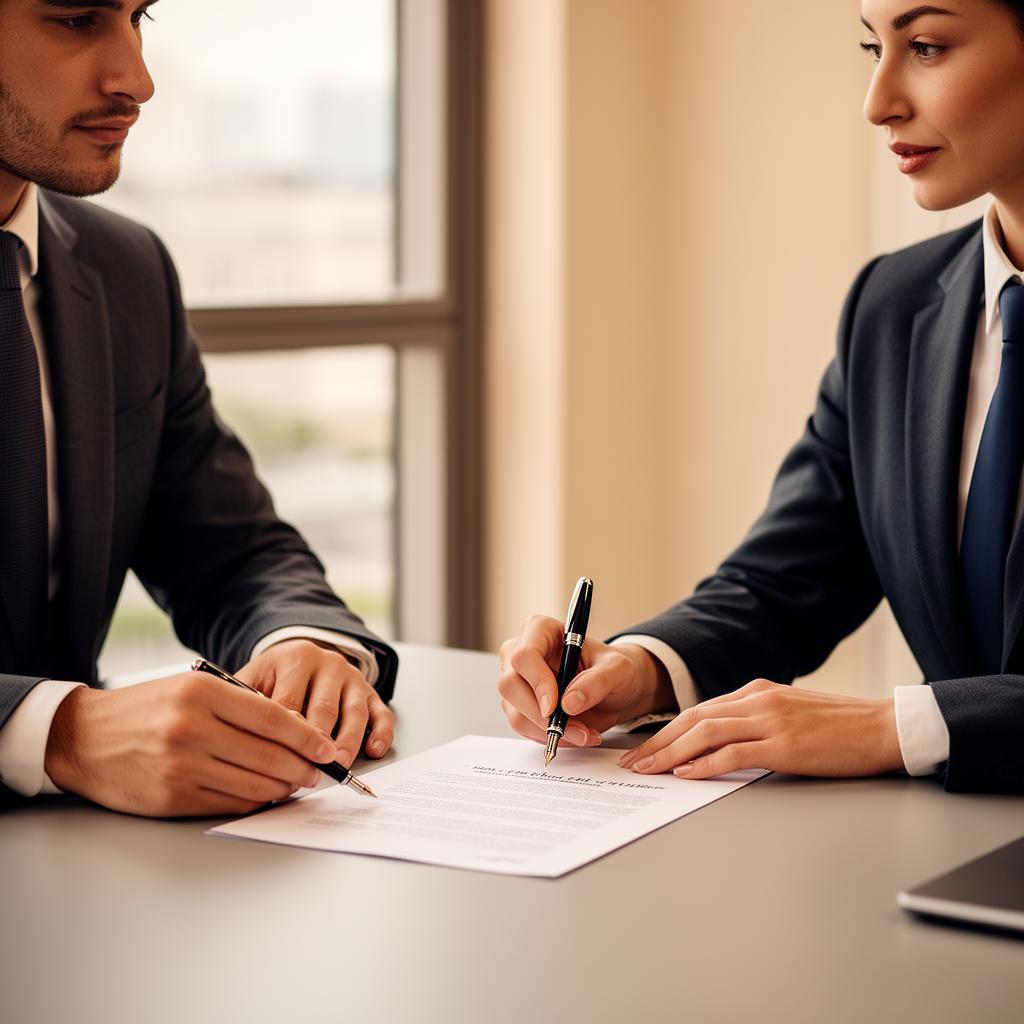 Two professionals shaking hands in a bright modern office
