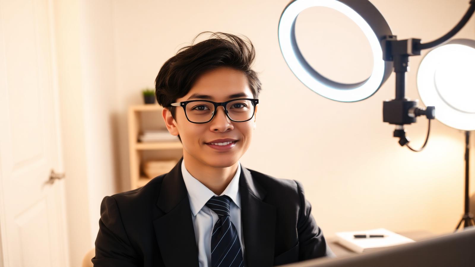 Professional candidate sitting in front of a ring light during a video interview